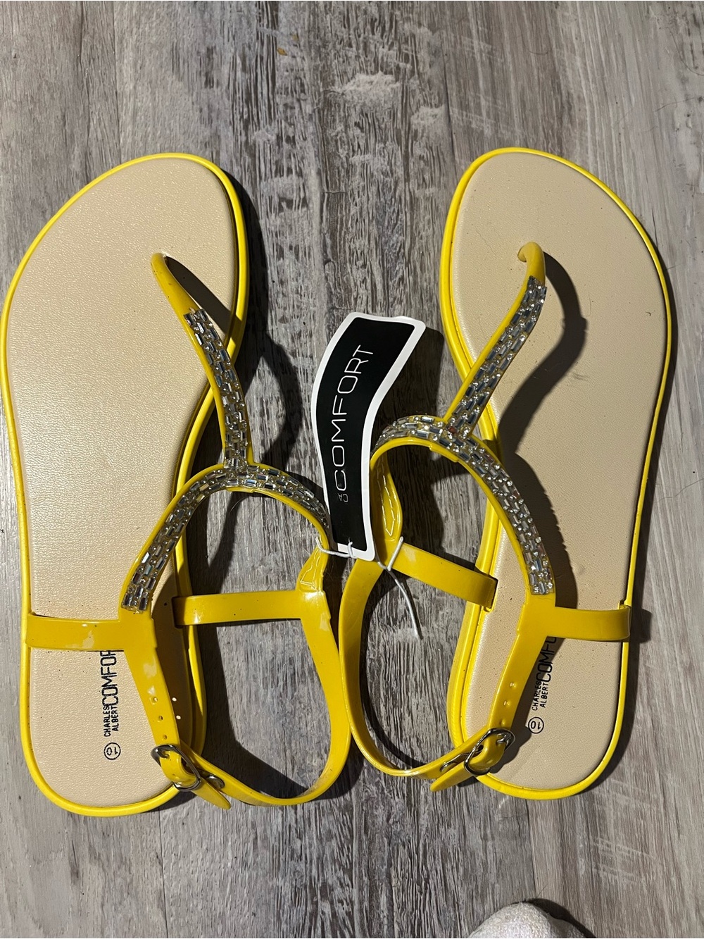 Charles Albert Yellow Rhinestone T-Strap Sandals